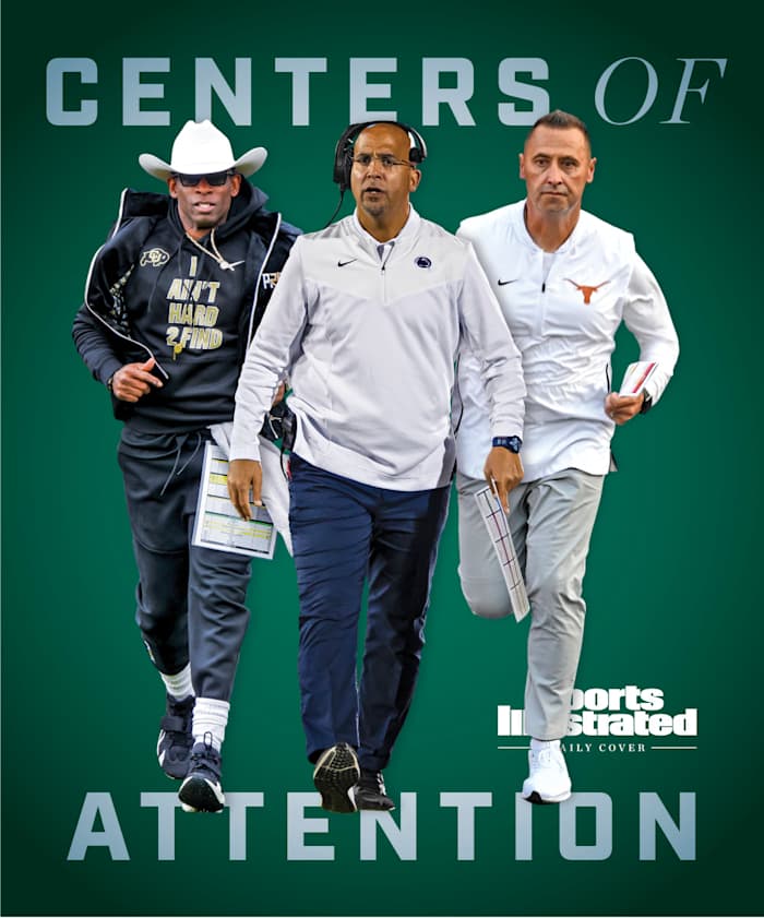 CENTERS OF ATTENTION: A Daily Cover featuring college football coaches Deion Sanders, James Franklin and Steve Sarkisian.